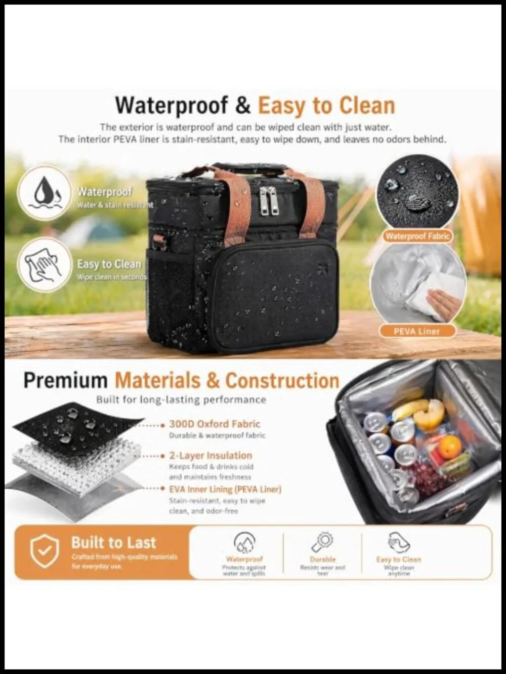 Insulated Lunch Bag Backpack Cooler Waterproof Leakproof Large Capacity Portable